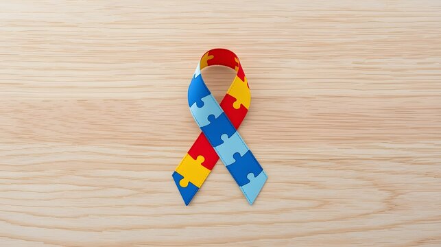 World Autism awareness and pride day or month with Puzzle pattern ribbon on blue wooden background. - Powered by Adobe