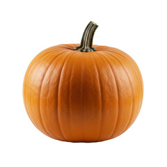 A perfectly round, vibrant orange pumpkin with prominent ridges and a gnarled dark brown stem, isolated on a transparent background with ample copy space, autumn harvest symbol