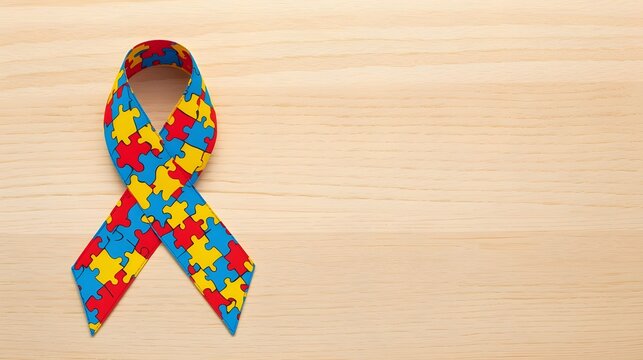 World Autism awareness and pride day or month with Puzzle pattern ribbon on blue wooden background. - Powered by Adobe