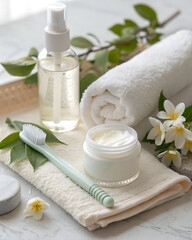 Gentle beauty routine "morning" in flat lay style: white toothbrush, bottle of facial tonic, jar of day cream