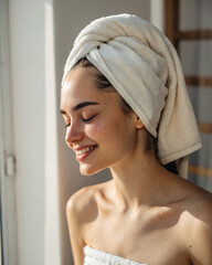 Portrait of a young woman with a towel on her head after a shower. Natural beauty, clean skin without makeup