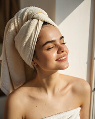 Portrait of a young woman with a towel on her head after a shower. Natural beauty, clean skin without makeup