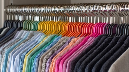 Obraz premium Organized Clothing Rack Displaying a Colorful Variety of Shirts Home Closet Product Photography Indoor Setting Close-up View Fashion and Organization Concept