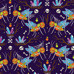 Seamless Halloween pattern with alien grasshoppers pumpkins crystal nests and glowing insects vector