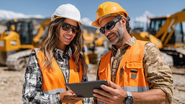 Portrait of a male and female construction workers using digital tablet on construction site
