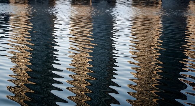 Reflections of skyscrapers in rippled river water, abstract vertical lines, high clarity

