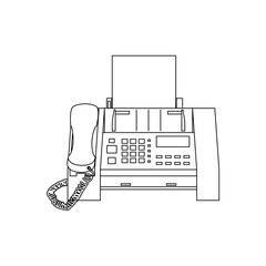 Outline vector of a 1990s fax machine with handset and paper, minimal line drawing of vintage office technology.