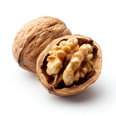Cracked walnut with shell and kernel detailed texture brown color isolated on white background healthy snack natural food closeup organic nut fresh ingredient