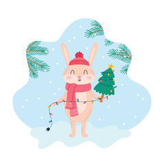 Cute hare in a cap with a Christmas tree and garland of lights. Holiday forest animal character in winter. Vector illustration for children