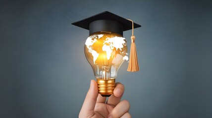 Innovative learning, creative educational study concept for graduation and school student success with world lightbulb on teacher chalkboard