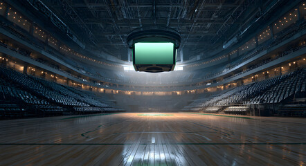 empty sports arena with green screen scoreboard