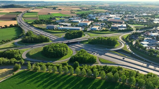 09-15-2025 - Korntal Muenchingen, Baden-Wuerttemberg, Germany - aerial view of Highway intersection Stuttgart North connecting German Highways A81 and B10, Baden W&uuml;rttemberg, Germany 