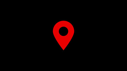 Simple red location pin icon on a plain black background for navigation and search