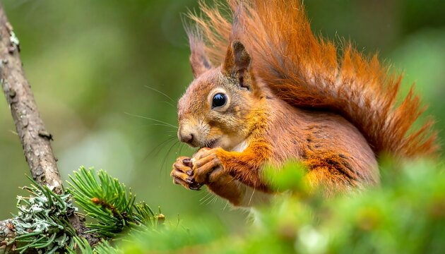 Red squirrel eating nut in forest