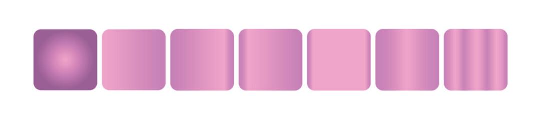 A row of seven rounded square shapes displaying a gradient of pink and purple colors, isolated on a transparent background