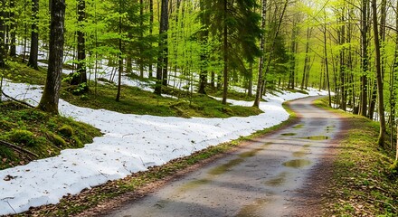 Forest Road Winding Through Snow.