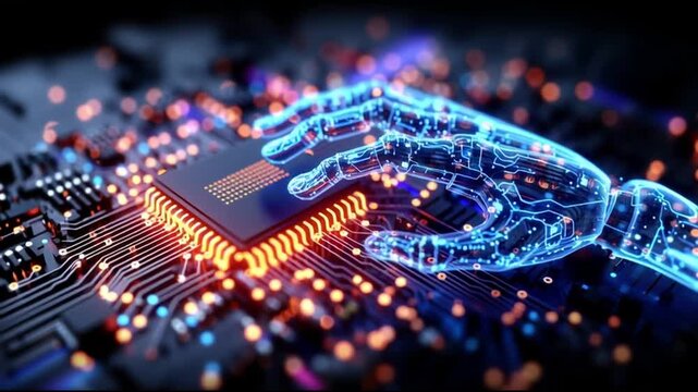 Next Gen CPU. Microarchitecture. RISC-V. Nanotechnology. Chiplet design. ARM processors. A futuristic robotic hand hovering over a computer chip.
