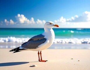Fototapeta premium Seagull on a sandy beach, sunny day