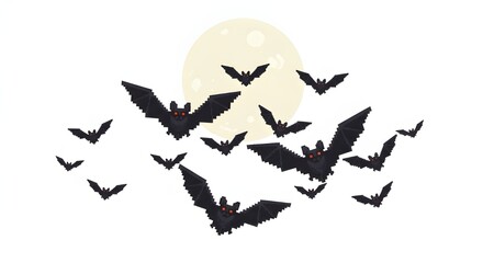 Pixel Art Swarm of Bats Flying Across Moon in Retro 8-Bit Style