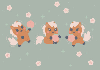 Cute horse and pink peach. Chinese new year. Cute horses, peaches and flowers