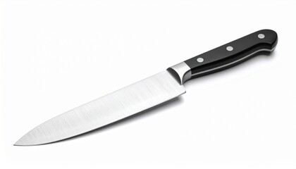 Describe a stainless steel chef&rsquo;s knife with a broad tapered blade and black handle with three rivets on a white surface. Highlight its ergonomic grip, sharpness, and kitchen utility.
