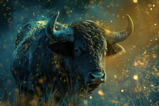 Concept of Taurus zodiac sign symbol, abstract vivid composition consists of fictional unreal fantastic vision on background