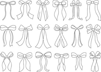 Fototapeta premium Collection of decorative bow illustrations, black and white ribbon set, fashion accessory sketches, gift wrapping elements, vector line art, stylish graphic icons