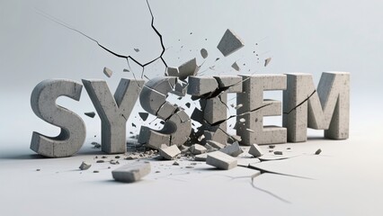 Abstract design of the word "system" in large bold concrete-style letters the text appears to be break wall, crumbling