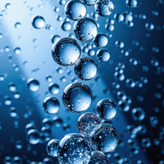 Bubbles float gracefully in deep blue background, creating serene and calming atmosphere. high fidelity of image captures beauty of water droplets