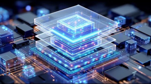 Next Gen CPU. Microarchitecture. RISC-V. Nanotechnology. Chiplet design. ARM processors. Abstract representation of layered digital data structures with blue lights.