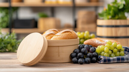 Fresh bakery bread in wooden container with autumn picnic composition including drink and grapes on wooden table in cozy setting