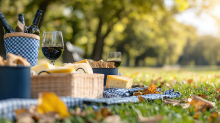 Autumn picnic composition with bakery items and drink on checkered cloth in sunny park setting creating warm inviting atmosphere