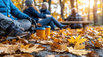 Autumn picnic composition with warm drink cups on fallen leaves near people enjoying outdoor bakery treats in cozy forest setting
