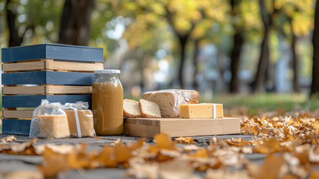 Autumn picnic composition with bread cheese drink and bakery items arranged on wooden surface surrounded by fallen leaves in park setting