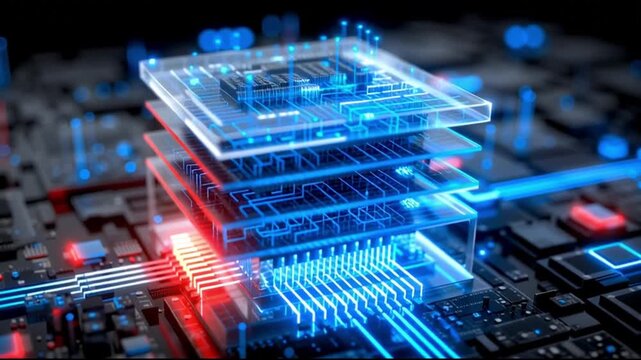 Next Gen CPU. Microarchitecture. RISC-V. Nanotechnology. Chiplet design. ARM processors. Futuristic layered computer chip design with glowing elements.