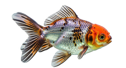 Isolated orange Oranda goldfish against blank studio backdrop, fancy pet with long fins