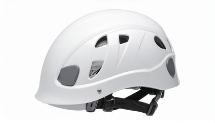 Fototapeta premium Describe a white safety helmet with ventilation slots, black adjustable straps, and ergonomic padding on a plain background. Highlight its protective design and comfort for industrial or construction 