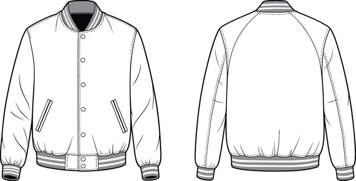 Varsity jacket fashion illustration, front and back view, ribbed collar cuffs waistband, raglan sleeve design, vector line art, casual outerwear sketch