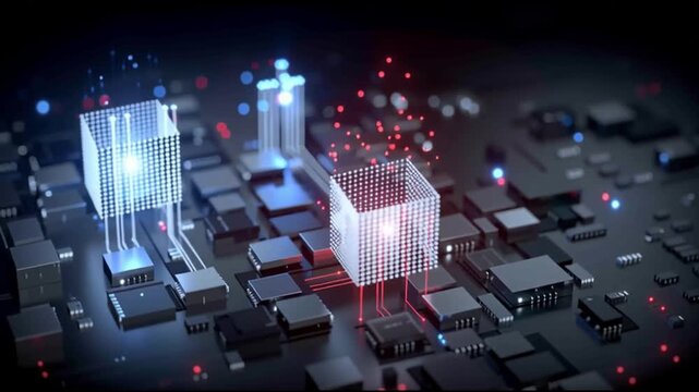 Next Gen CPU. Microarchitecture. RISC-V. Nanotechnology. Chiplet design. ARM processors. A digital rendering of microchips with illuminated cubes.
