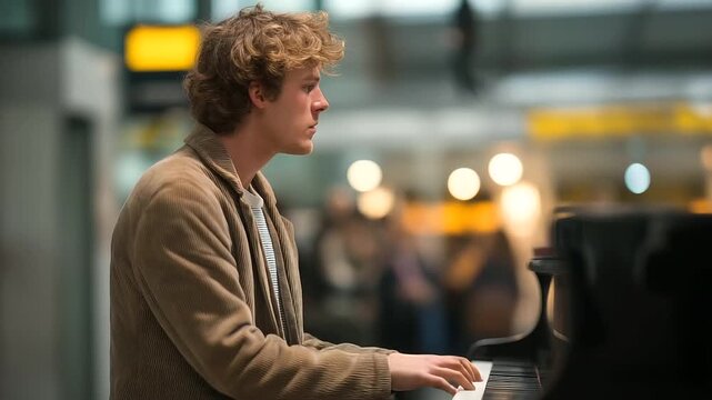 musician performing impromptu piano piece at public train station crowd watching spontaneous art energy three quarter wide angle cinematic color correction gentle backlight