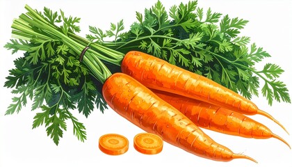 Describe a fresh orange carrot with lush green top on a transparent background. Highlight its tapered shape, smooth texture, and vibrant color for food, nutrition, or design use.
