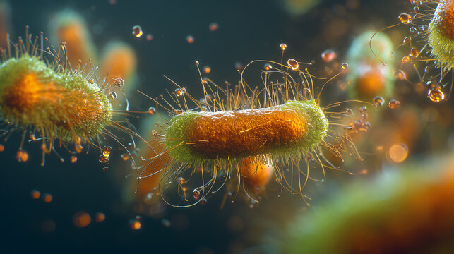 Highly Detailed 3D Illustration of Bacteria Cells with Flagella Floating in Microscopic Environment

