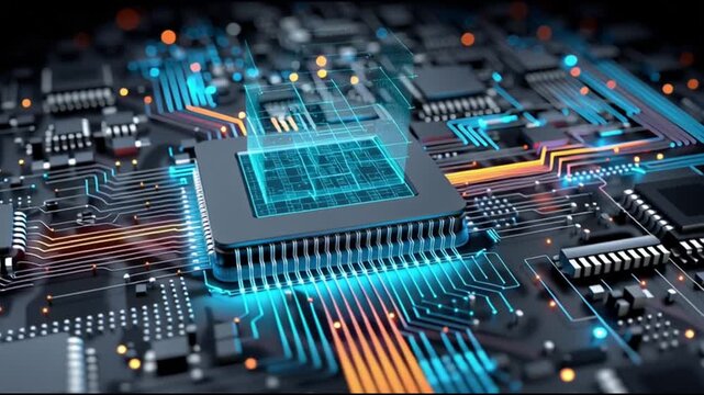 Next Gen CPU. Microarchitecture. RISC-V. Nanotechnology. Chiplet design. ARM processors. A close-up of a computer chip with glowing circuits and holographic display.