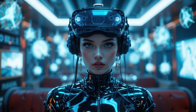 Tech Fashion Woman Wearing Headphones and Glowing VR Headset