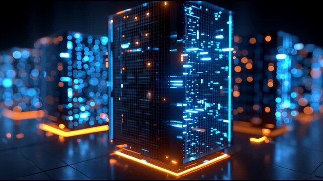 Next Gen CPU. Microarchitecture. RISC-V. Nanotechnology. Chiplet design. ARM processors. Futuristic server towers with glowing blue and orange lights