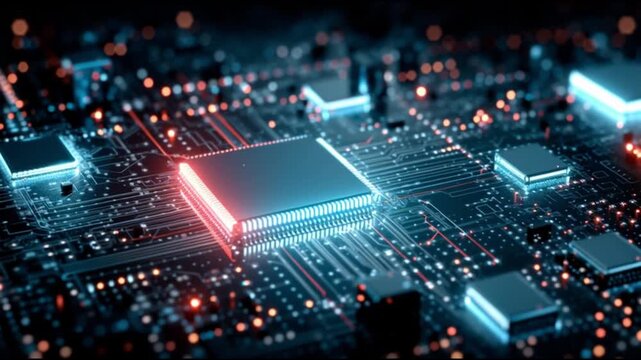 Next Gen CPU. Microarchitecture. RISC-V. Nanotechnology. Chiplet design. ARM processors. Close-up of a glowing microchip on a circuit board.