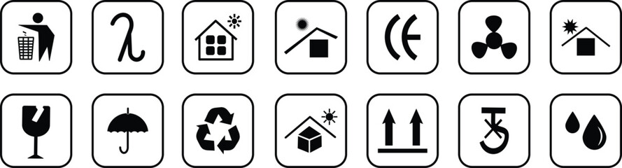 Packaging symbols set, Package Symbols business, sticker, illustration, Fragile box, keep dry umbrella,keep dry simple icons design,