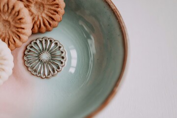 Textured cookies and ceramic bowl with floral design, symbolizing sweet indulgence and artisanal craftsmanship