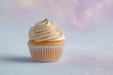 Cupcake with smooth pastel frosting and tiny colorful sprinkles sitting on a sparkling surface, symbolizing celebration and sweetness