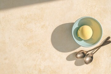 Vanilla ice cream scoop in a blue bowl with spoons on a textured table, enjoying a refreshing summer dessert